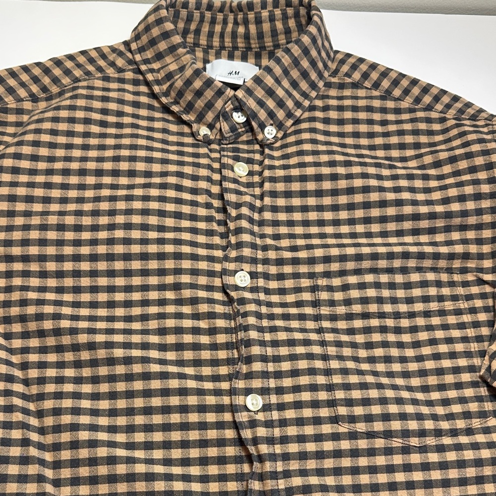 H&M Men's Tan and Black Plaid Shirt